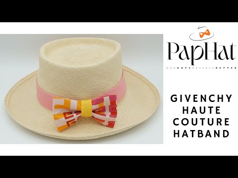 Watch a video demonstration of transforming a Givenchy vintage scarf into an exquisite haute couture hatband. Witness the meticulous craftsmanship and sustainable fashion behind this unique accessory 