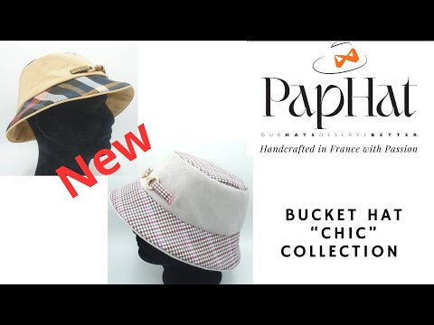 A YouTube video presentation of the 'Chic' Grey & Pink bucket hat from OurHatsDeserveBetter, customizable, here with a rhinestoned golden metal buckle (Gucci type horsebit), handcrafted in France. Made to order – OutHatsDeserveBetter