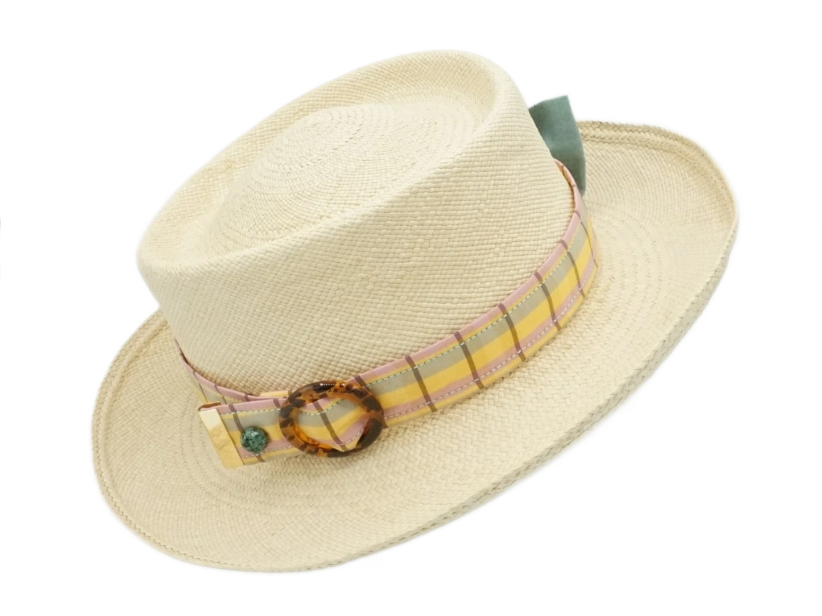 Ruban de Chapeau PapHat "Fraîcheur Menthol" canvas & tartan sur un panama et sa boucle ajustable