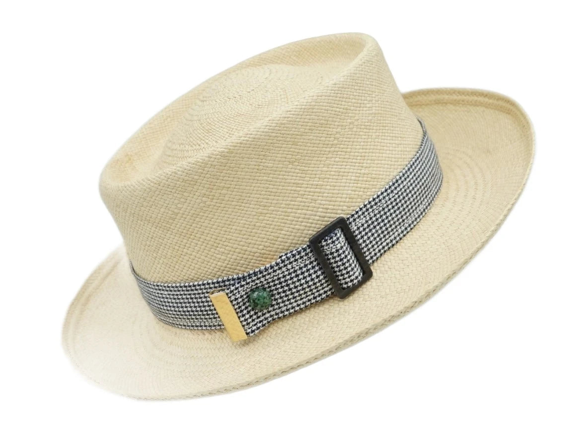 Ruban de chapeau PapHat Light "Simple & Chic" pied de poule sur un panama