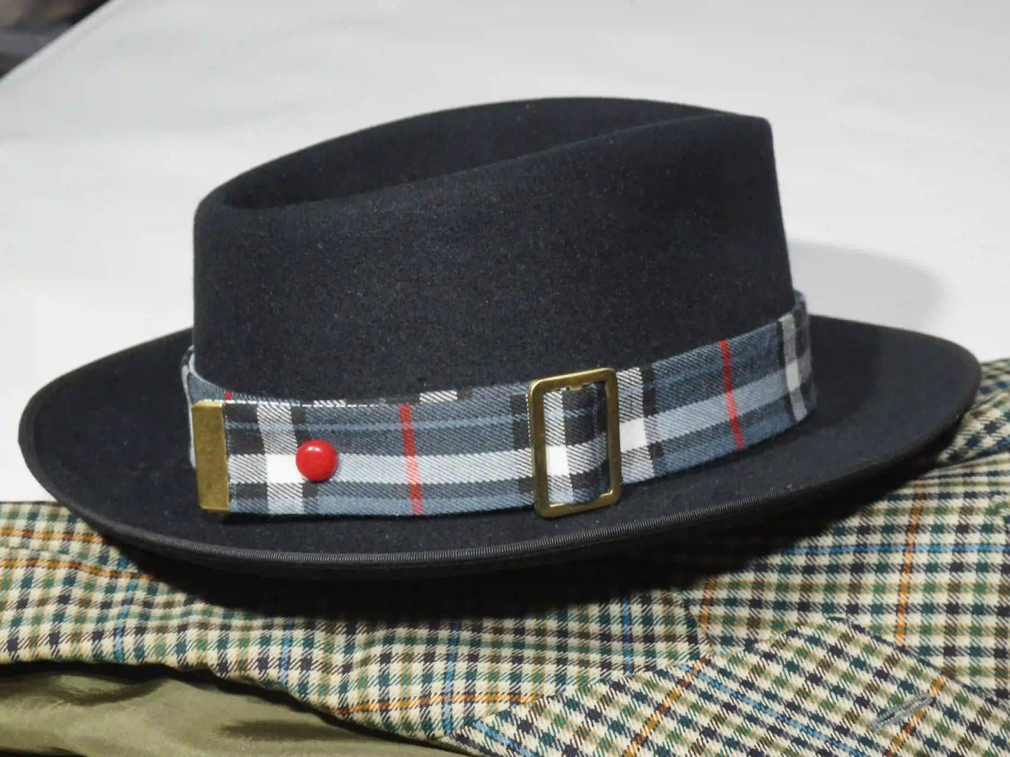 Ruban de chapeau réversible PapHat Reverso tartan & pied de poule (noir et blanc)